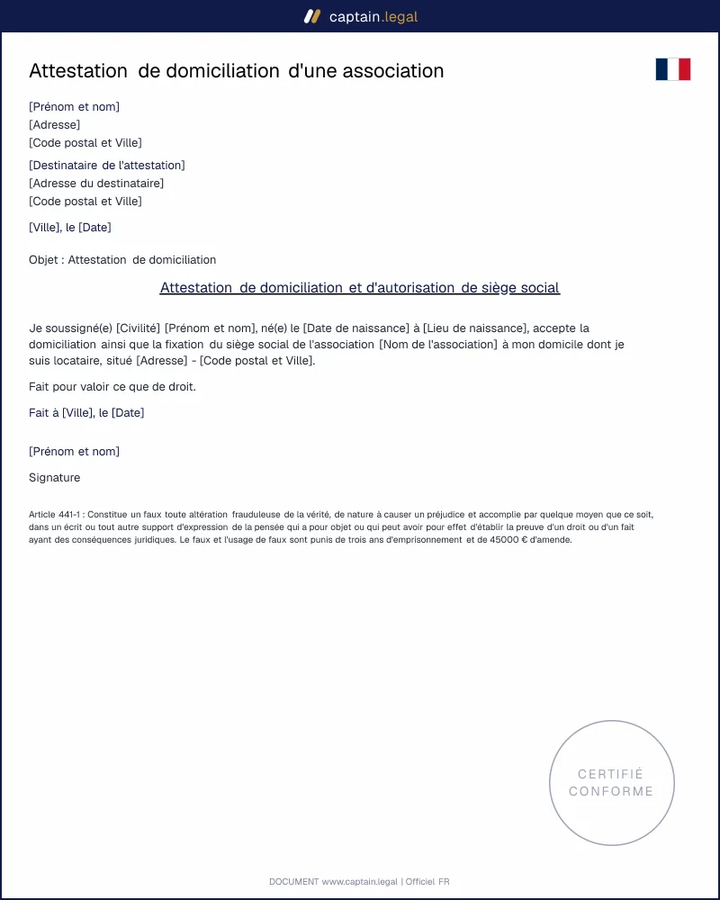 Attestation de domiciliation d'une association