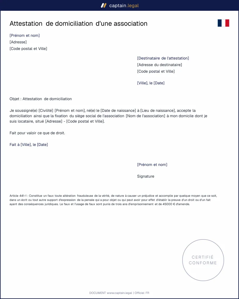 Attestation de domiciliation d'une association