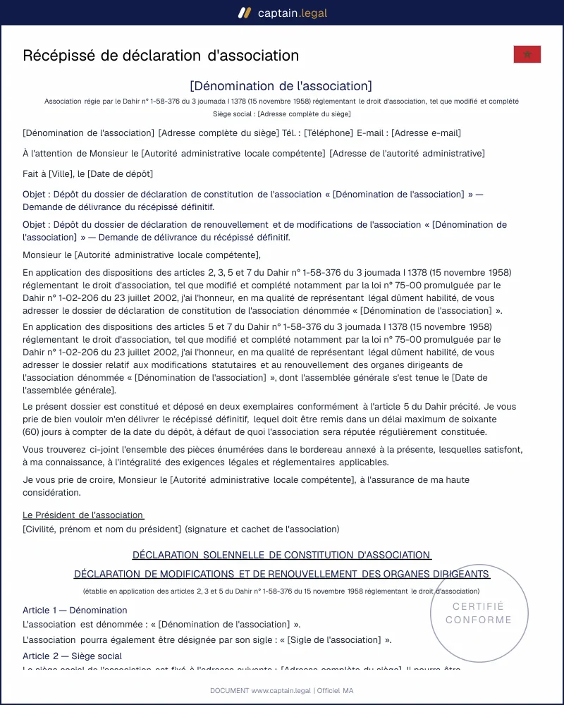 Dossier de déclaration d'association Maroc | Modèle conforme Dahir 1958