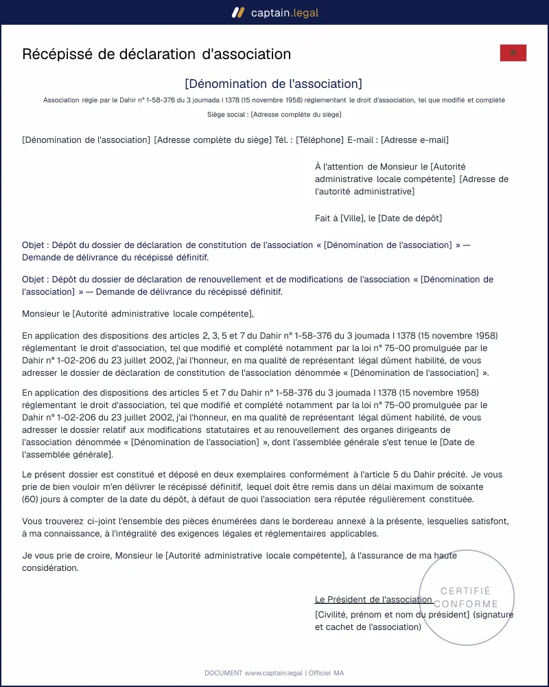 Dossier de déclaration d'association Maroc | Modèle conforme Dahir 1958