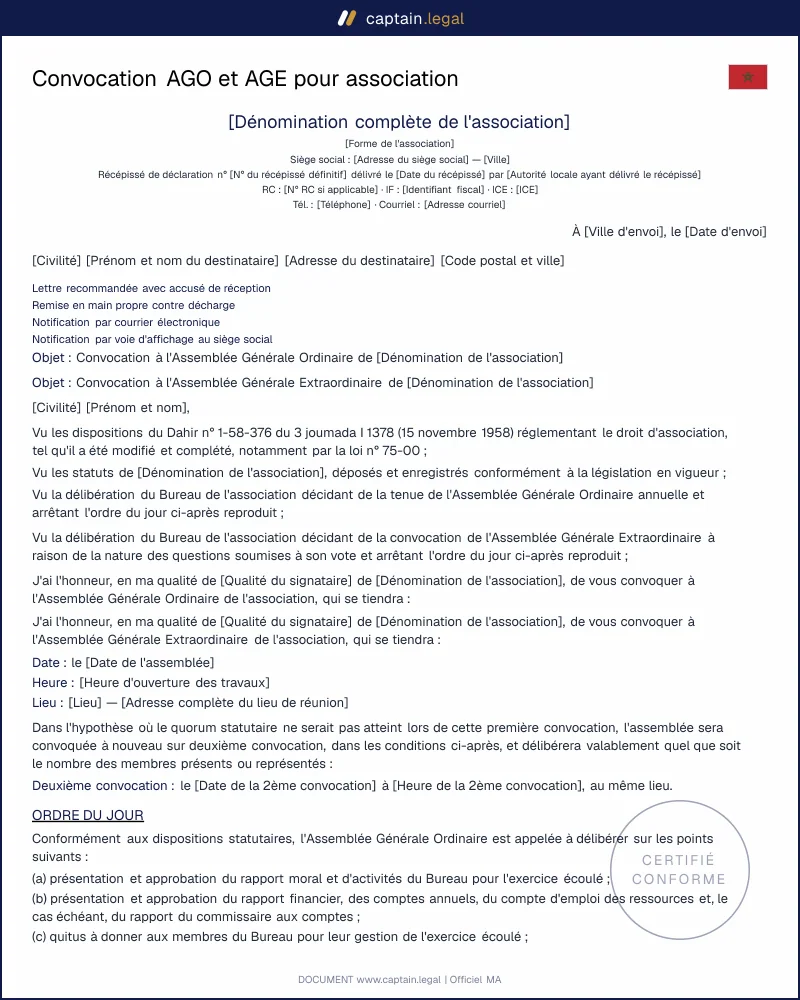 Modèle de convocation à l'AG d'une association au Maroc