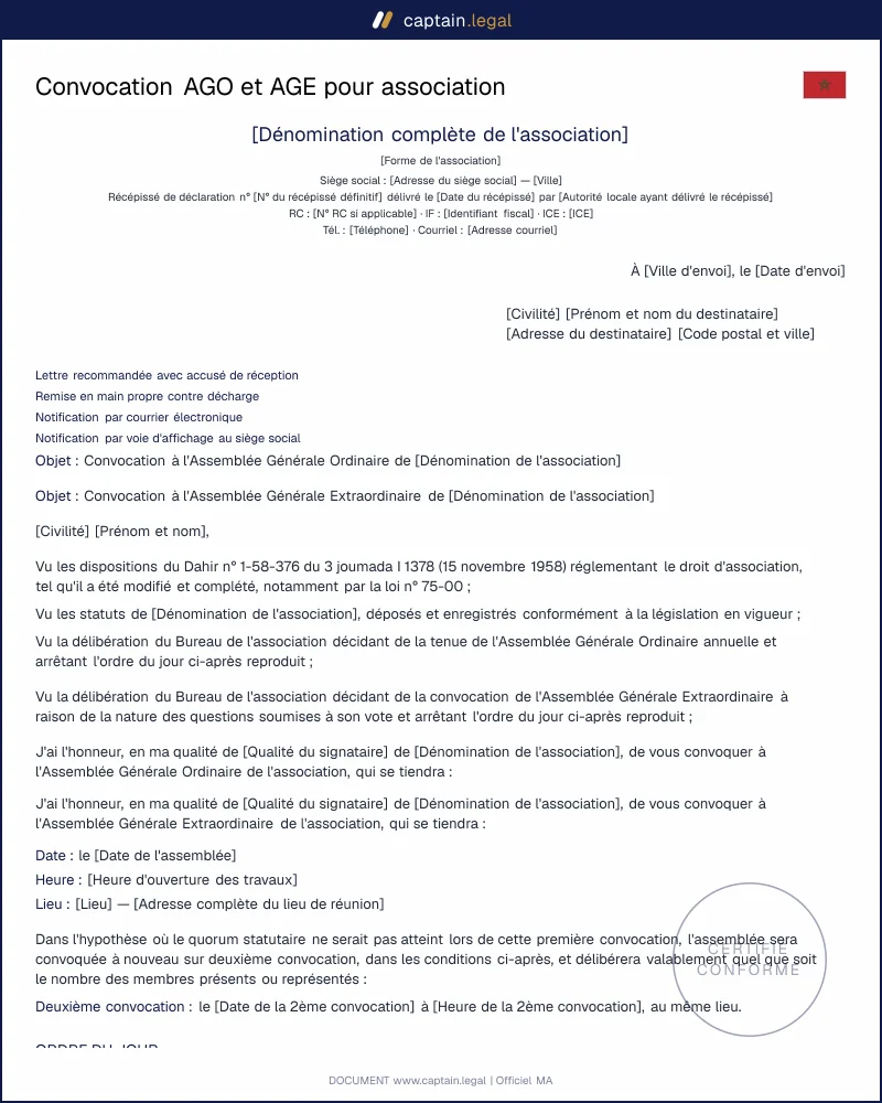 Modèle de convocation à l'AG d'une association au Maroc