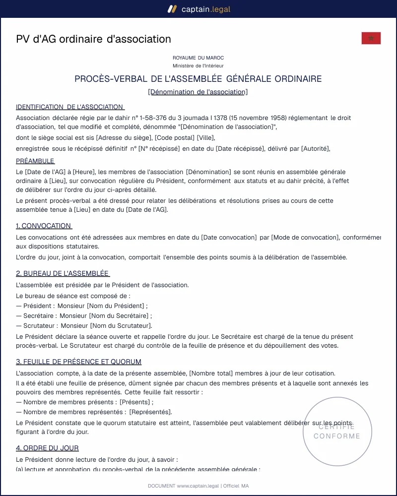 PV d'assemblée générale ordinaire d'association Maroc | Modèle