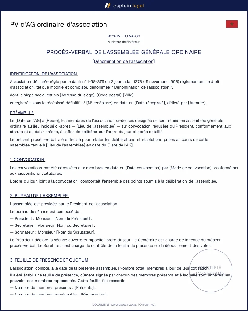 PV d'assemblée générale ordinaire d'association Maroc | Modèle