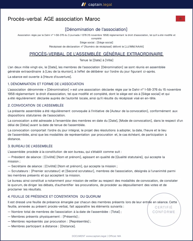 Procès-verbal AGE association Maroc : modèle PDF et Word