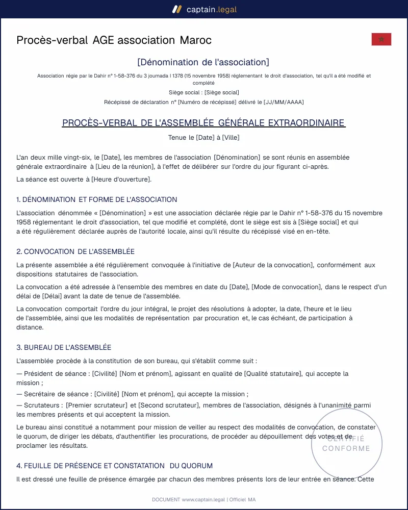 Procès-verbal AGE association Maroc : modèle PDF et Word