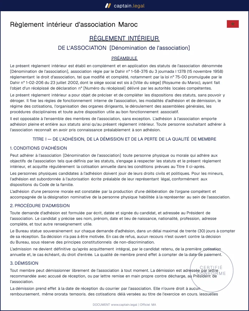 Modèle de règlement intérieur d'association Maroc (PDF/Word)