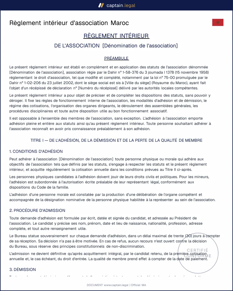 Modèle de règlement intérieur d'association Maroc (PDF/Word)