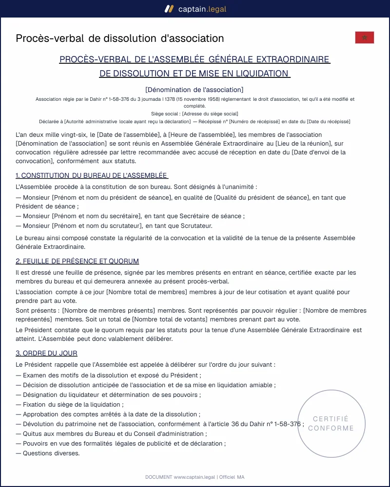 Modèle de procès-verbal de dissolution d'association | Maroc