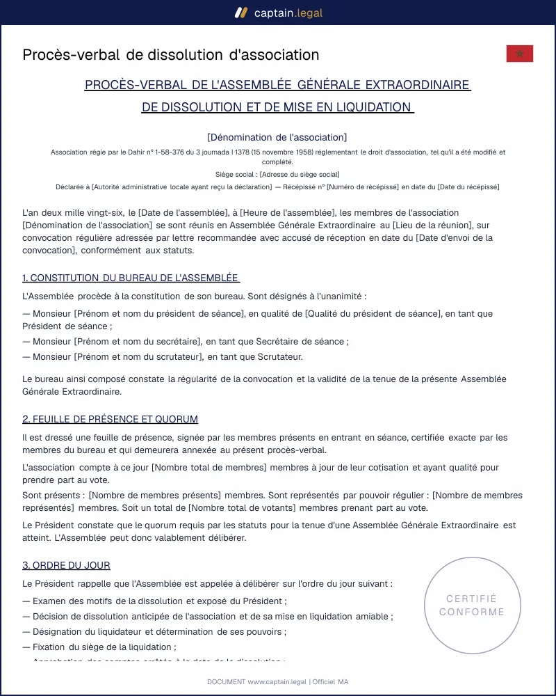 Modèle de procès-verbal de dissolution d'association | Maroc