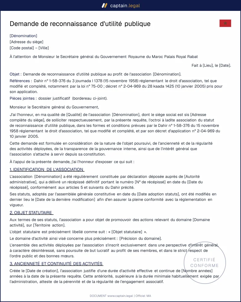 Reconnaissance d'utilité publique association Maroc : modèle PDF