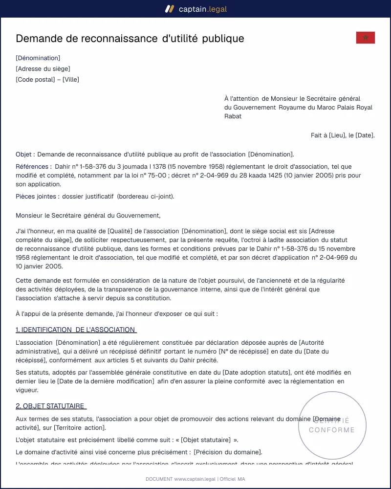 Reconnaissance d'utilité publique association Maroc : modèle PDF