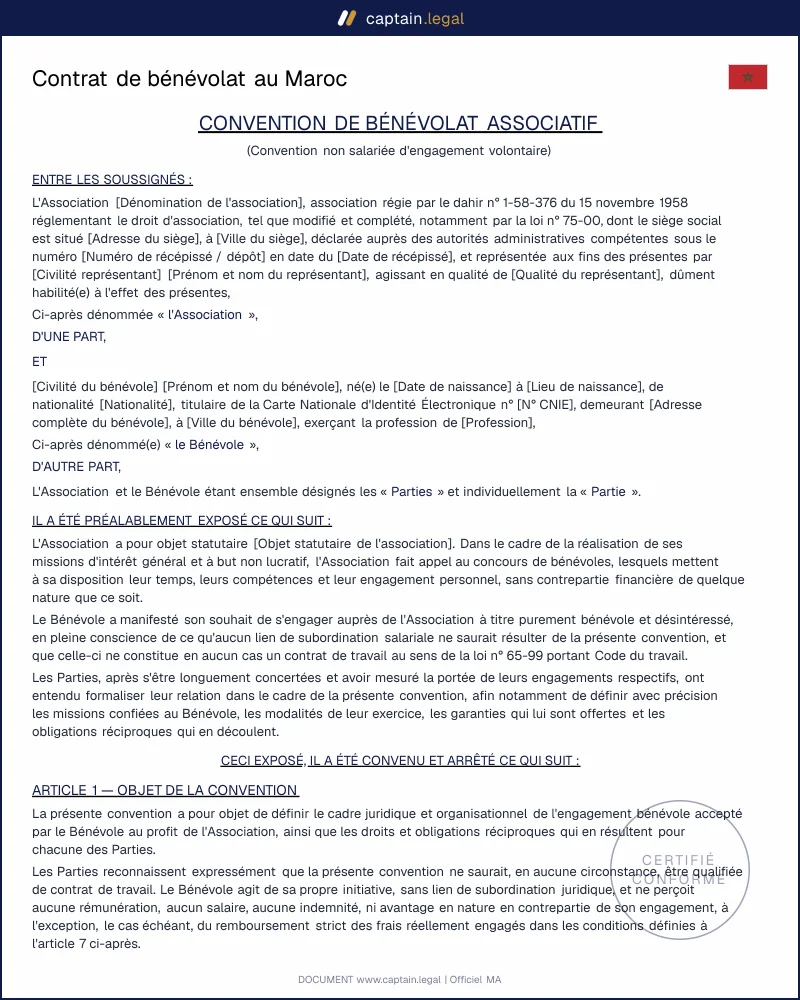 Modèle de contrat de bénévolat au Maroc en PDF et Word