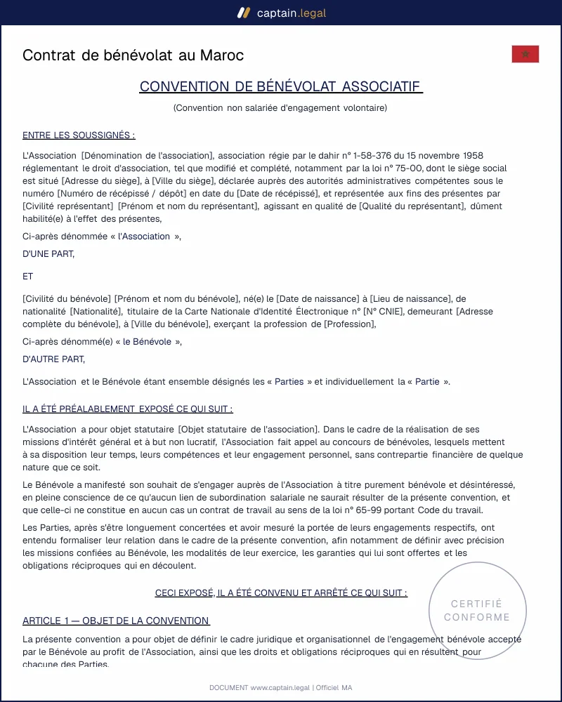 Modèle de contrat de bénévolat au Maroc en PDF et Word