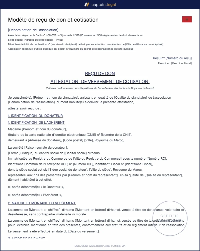 Reçu de don et attestation de cotisation association Maroc
