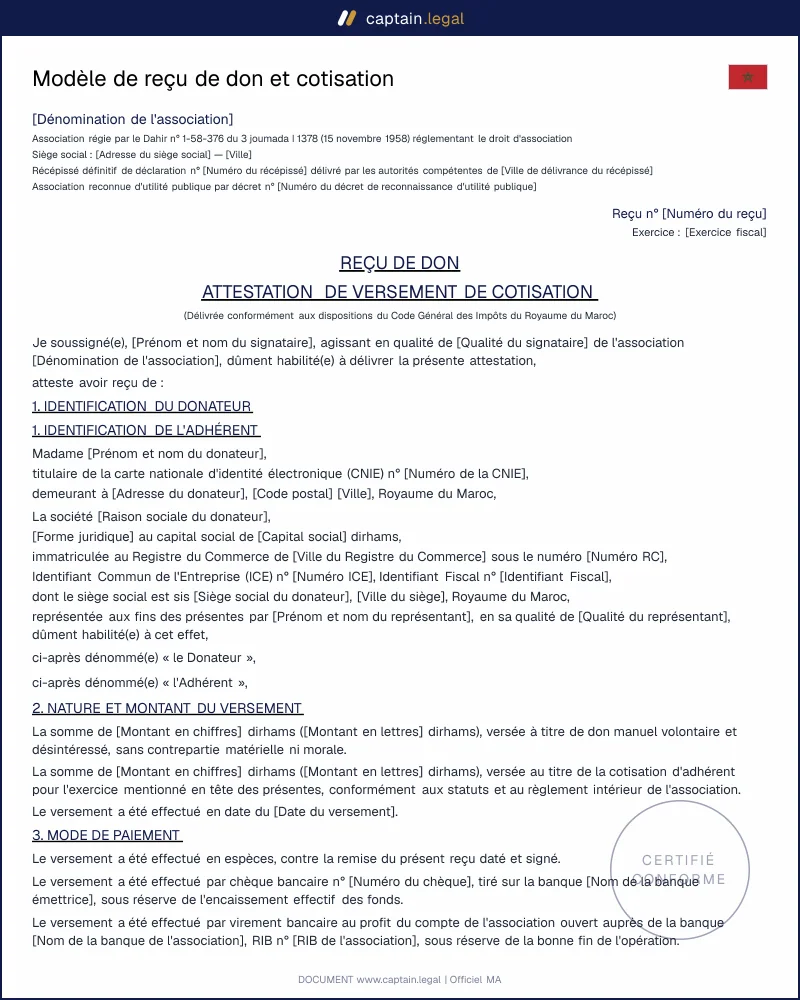 Reçu de don et attestation de cotisation association Maroc