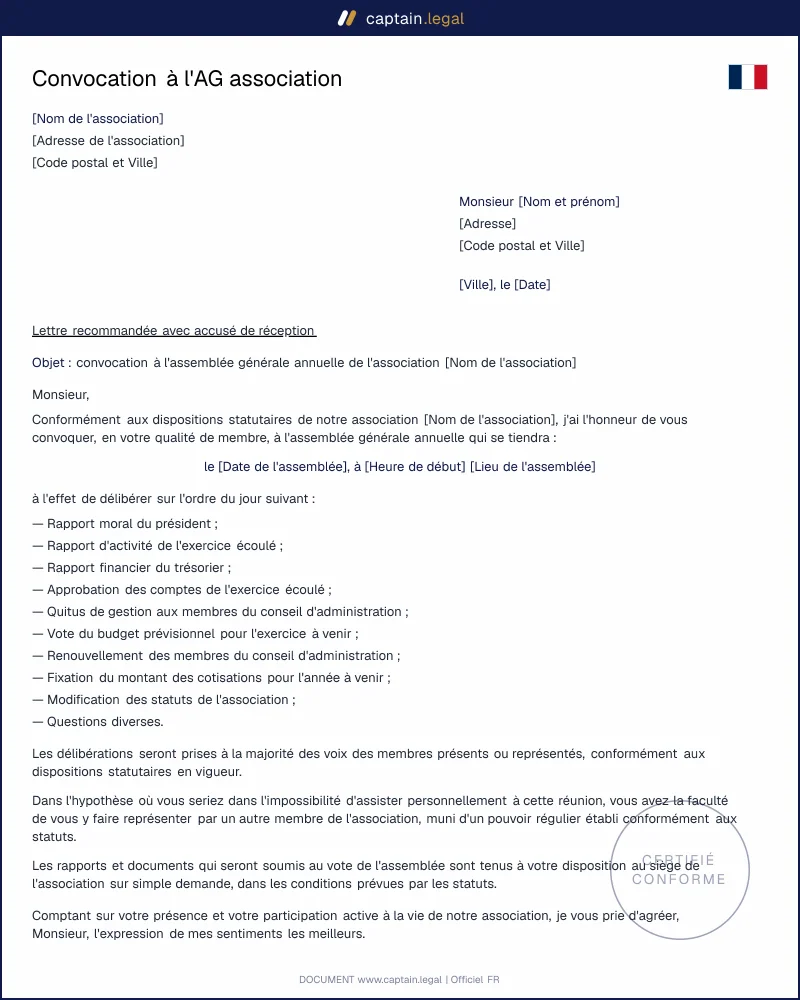 Convocation à l'assemblée générale d'une association