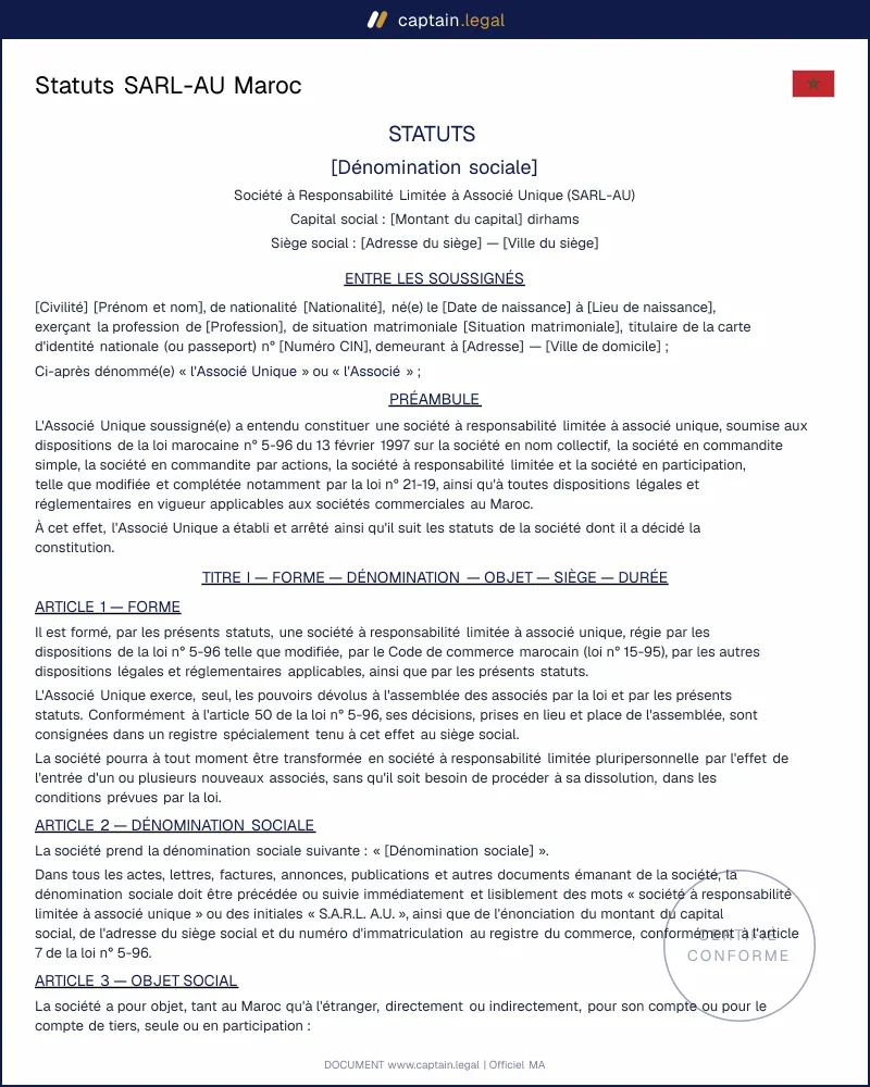 Statuts SARL-AU Maroc : modèle pour freelance et auto-entrepreneur