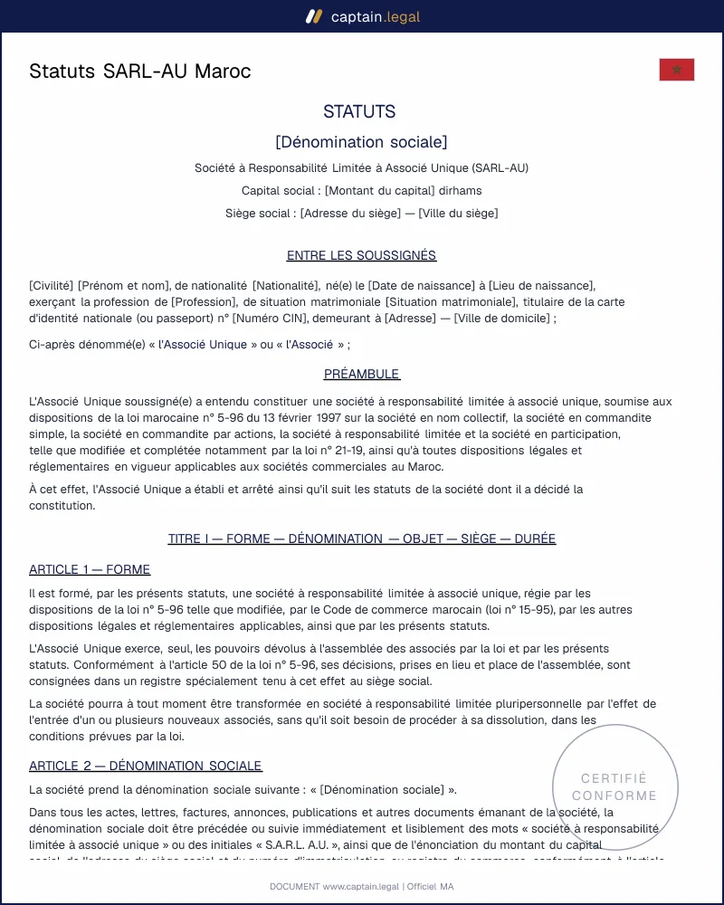 Statuts SARL-AU Maroc : modèle pour freelance et auto-entrepreneur