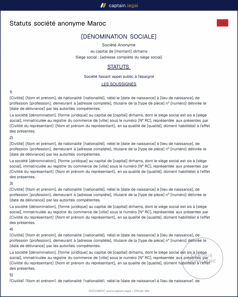 Modèle statuts société anonyme Maroc – Conformes loi 17-95