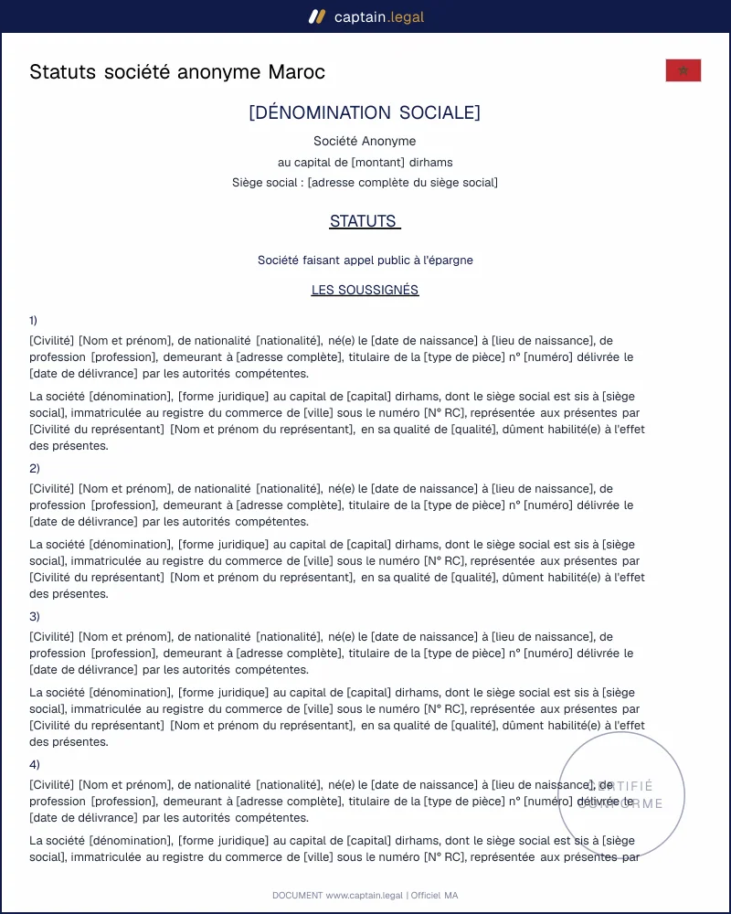 Modèle statuts société anonyme Maroc – Conformes loi 17-95