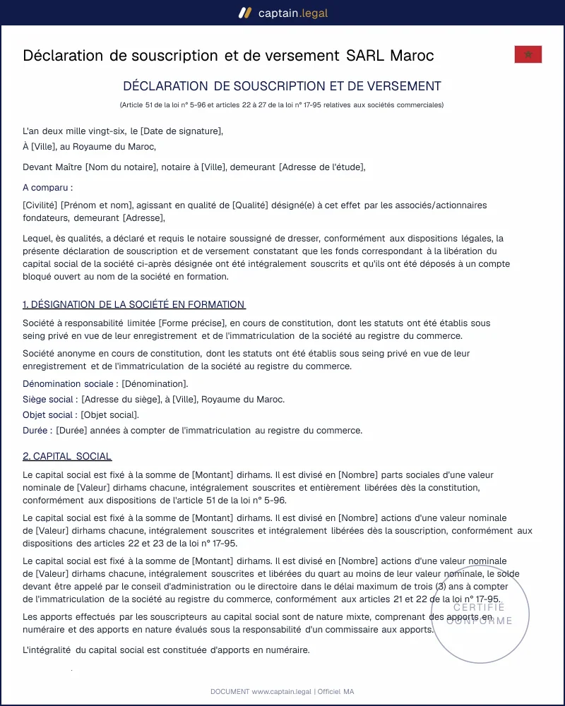 Modèle de DSV SARL Maroc à télécharger en PDF et Word