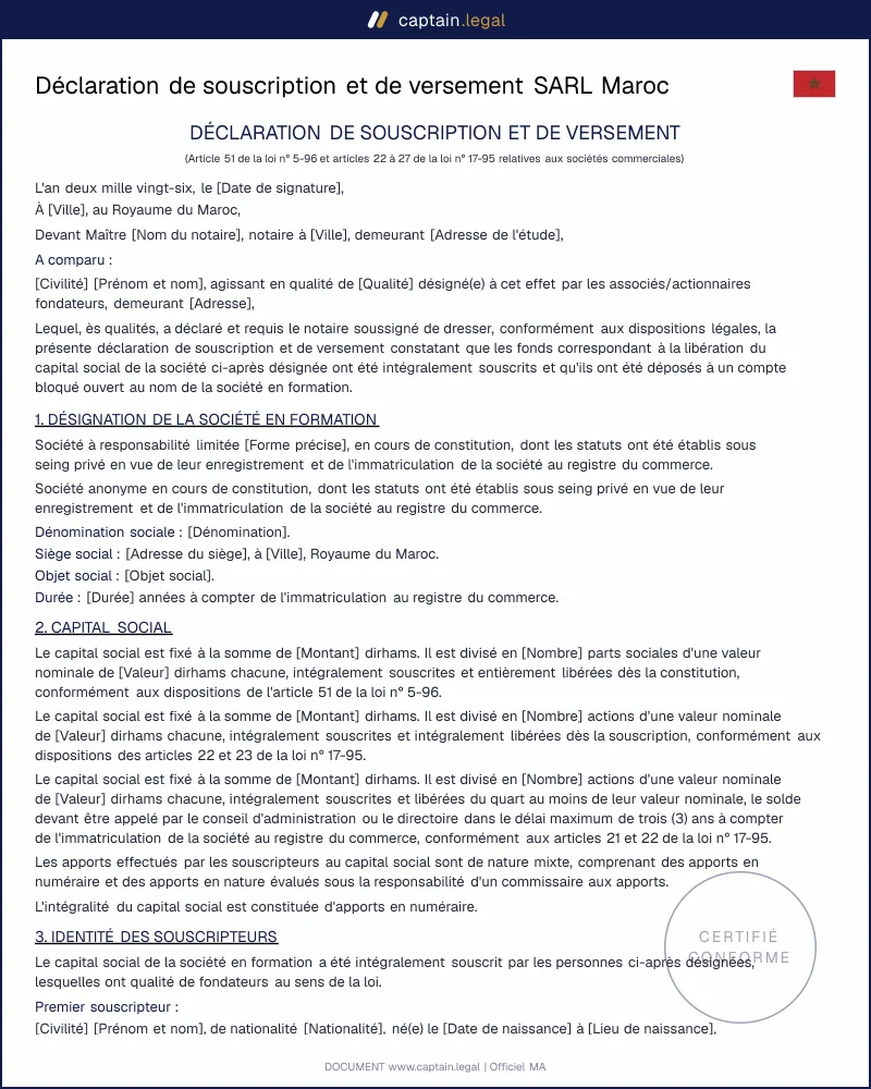 Modèle de DSV SARL Maroc à télécharger en PDF et Word
