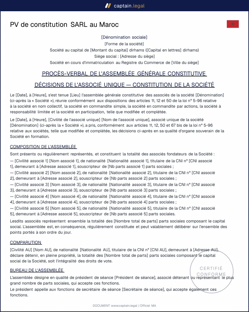 PV de constitution SARL au Maroc : modèle conforme pour le greffe