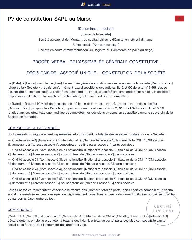 PV de constitution SARL au Maroc : modèle conforme pour le greffe