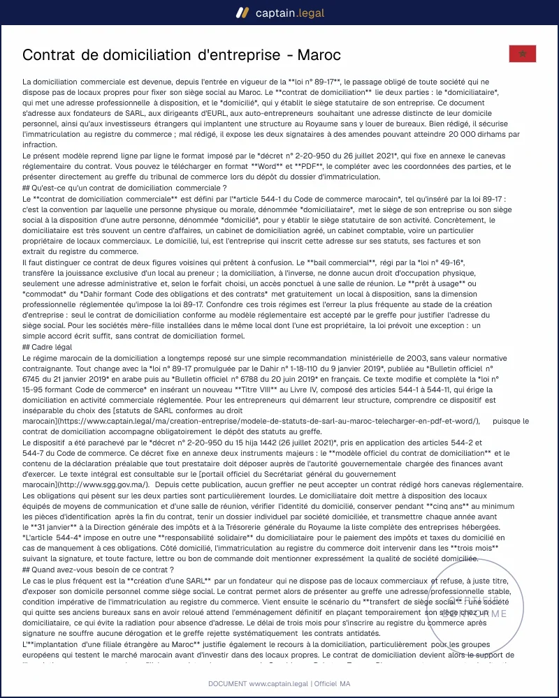 Modèle de contrat de domiciliation d'entreprise au Maroc