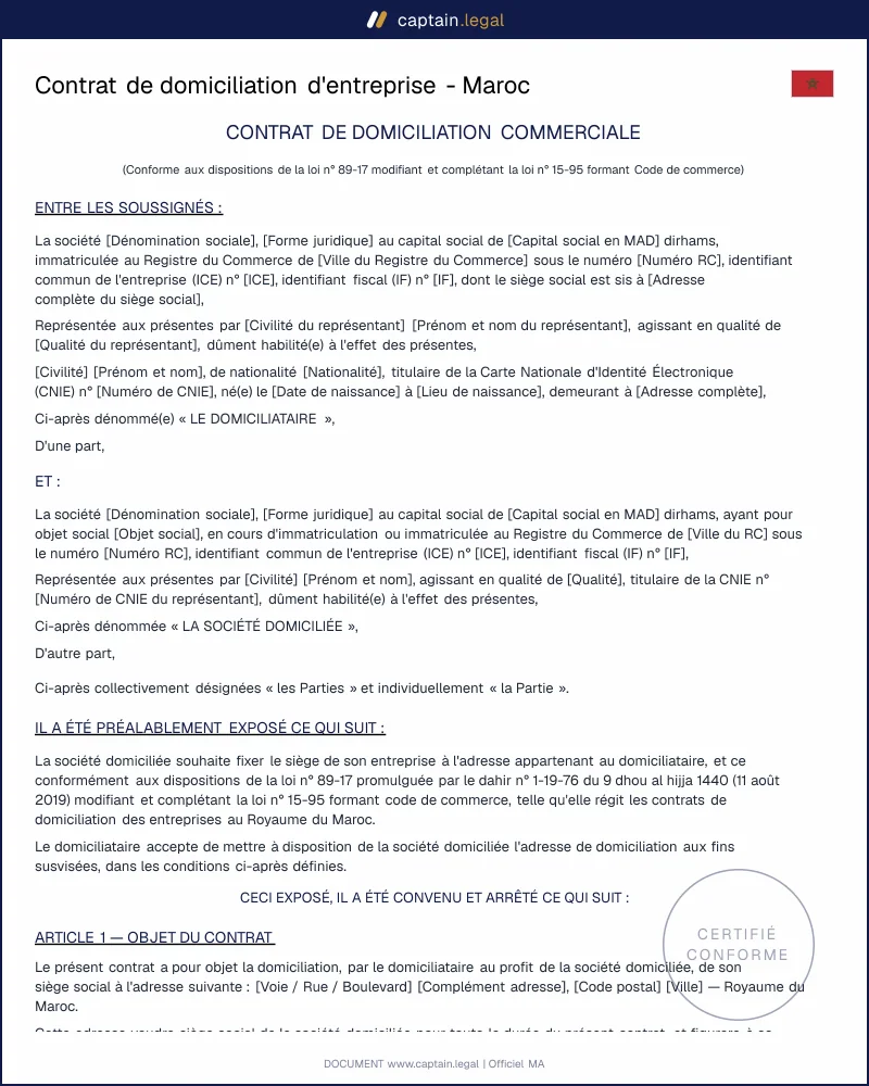 Modèle de contrat de domiciliation d'entreprise au Maroc