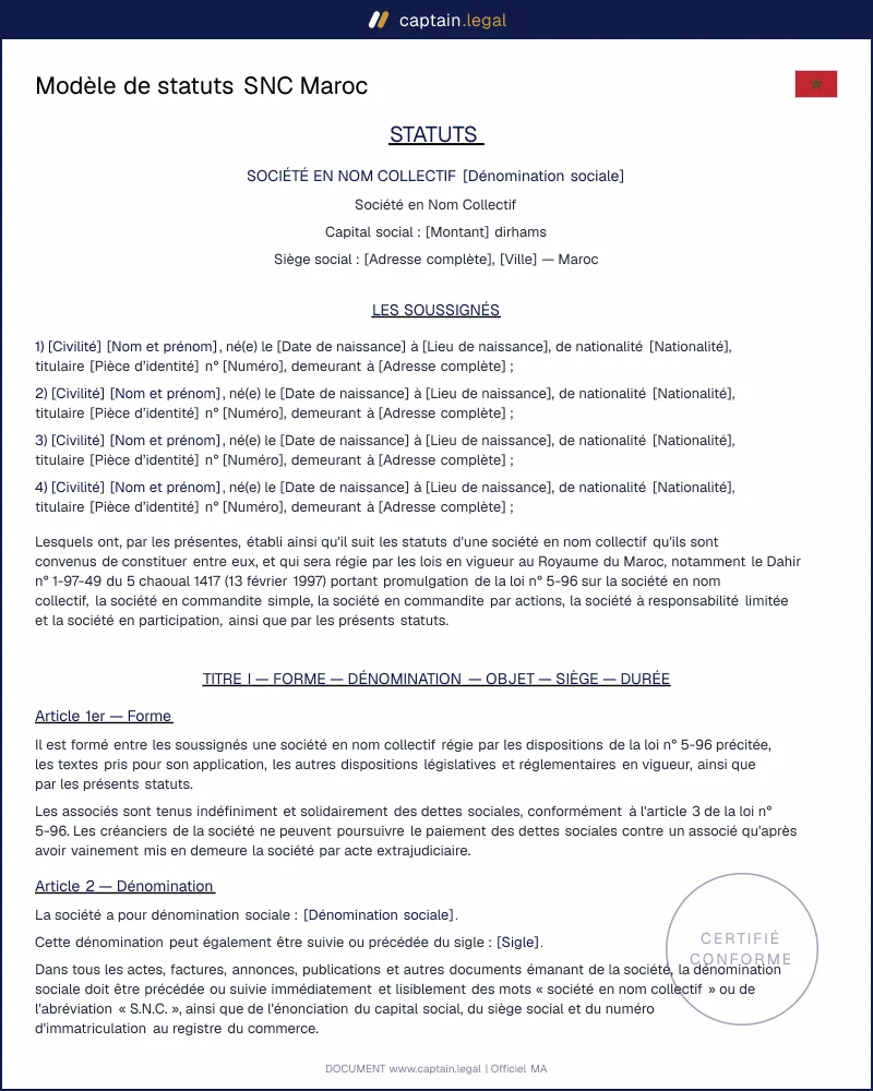 Modèle de statuts SNC Maroc - Loi 5-96, sans capital minimum