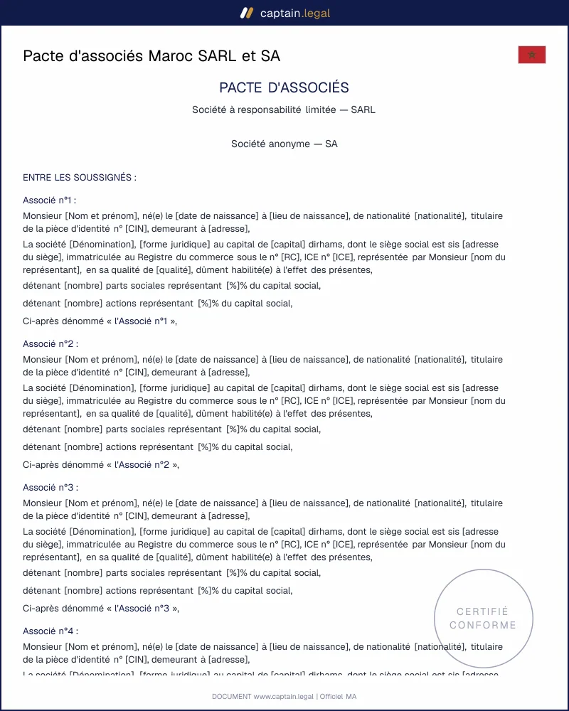 Pacte d'associés au Maroc : modèle juridique SARL et SA à télécharger