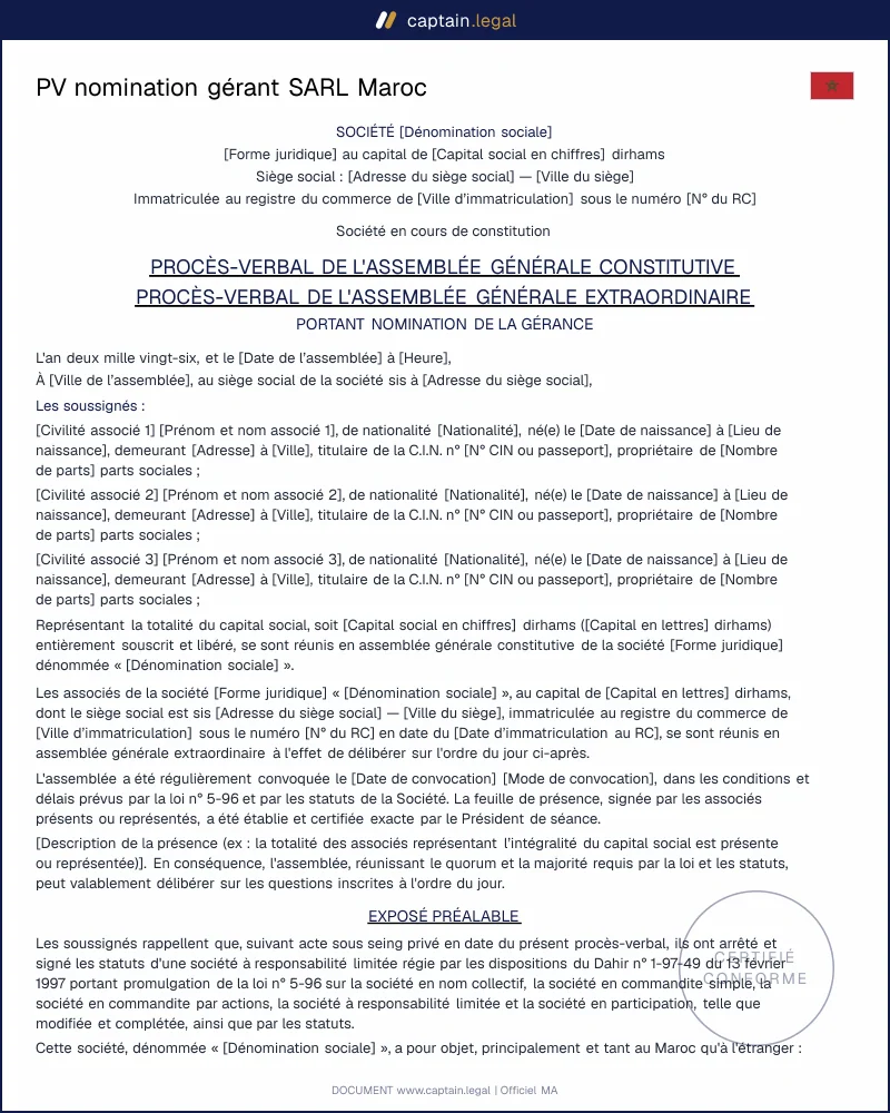 Procès-verbal nomination gérant SARL Maroc - Modèle 2026