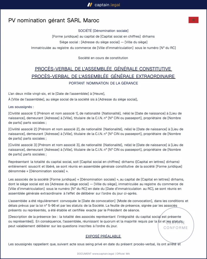 Procès-verbal nomination gérant SARL Maroc - Modèle 2026