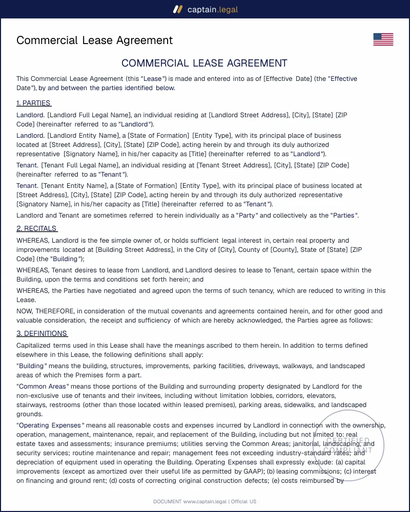 Commercial Lease Agreement Template — Office, Retail, Industrial