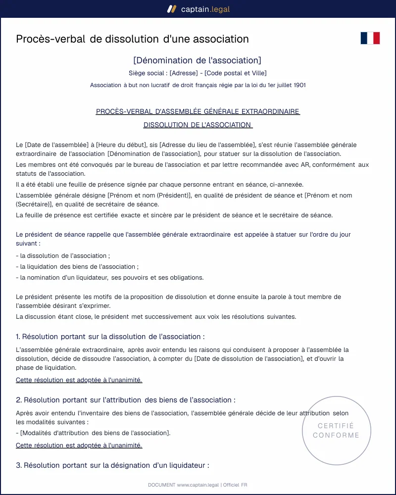 Procès-verbal de dissolution d'une association