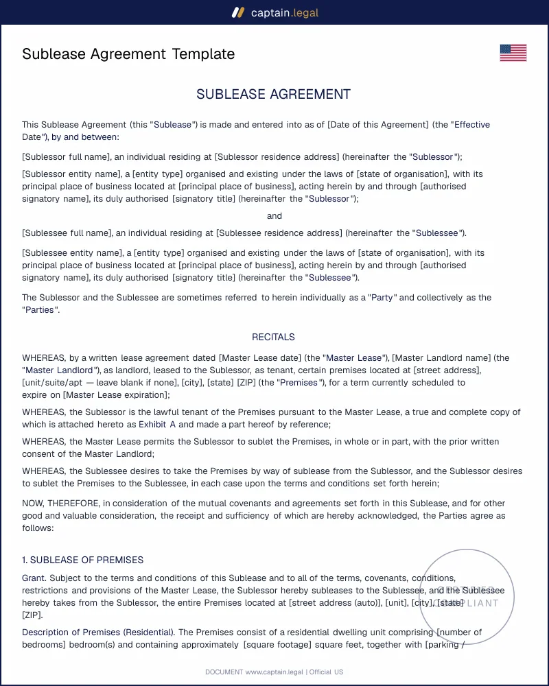Sublease Agreement Template for US Tenants | PDF + Word