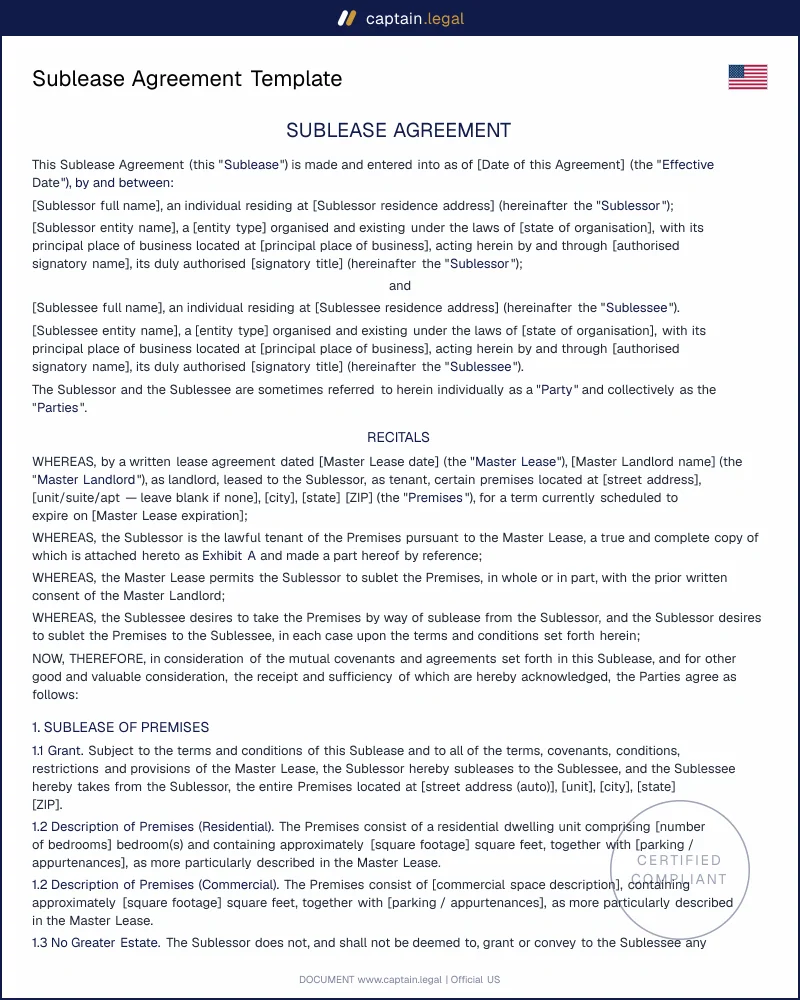 Sublease Agreement Template for US Tenants | PDF + Word