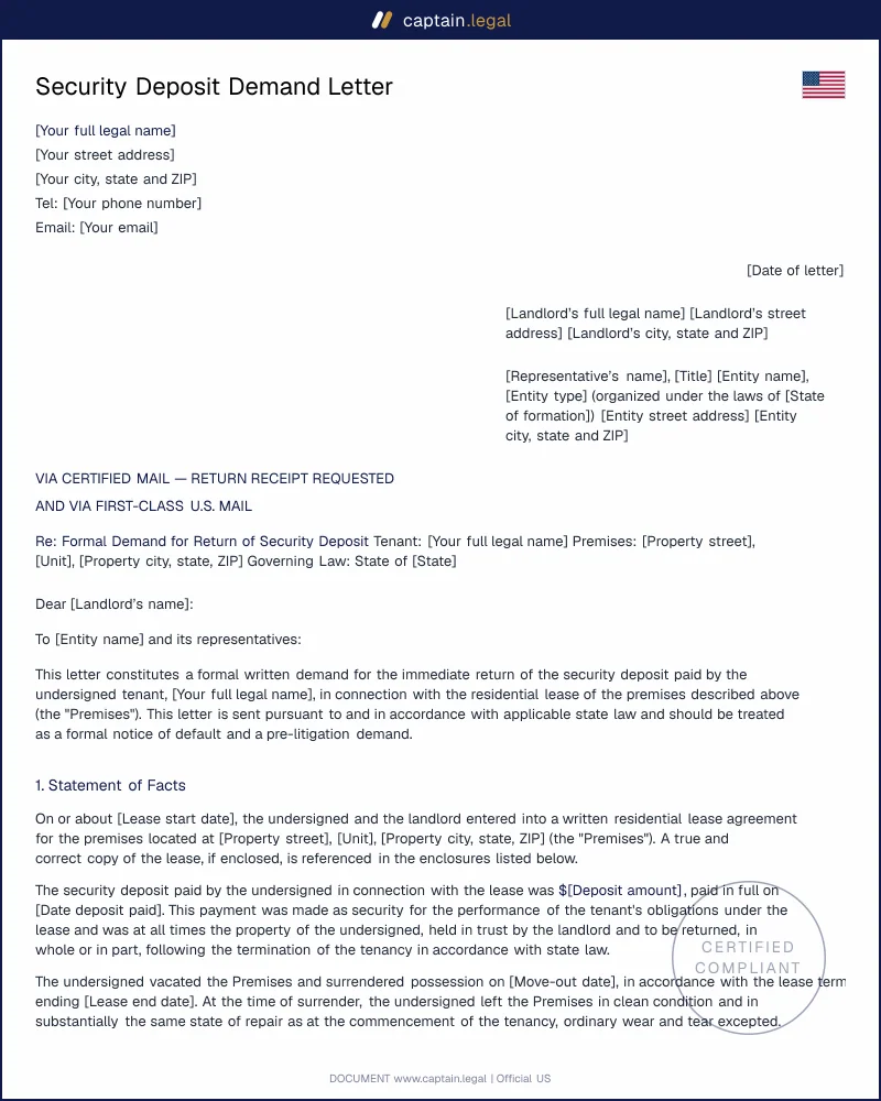 Security Deposit Demand Letter | Get Your Deposit Back (CA, TX, FL, NY)