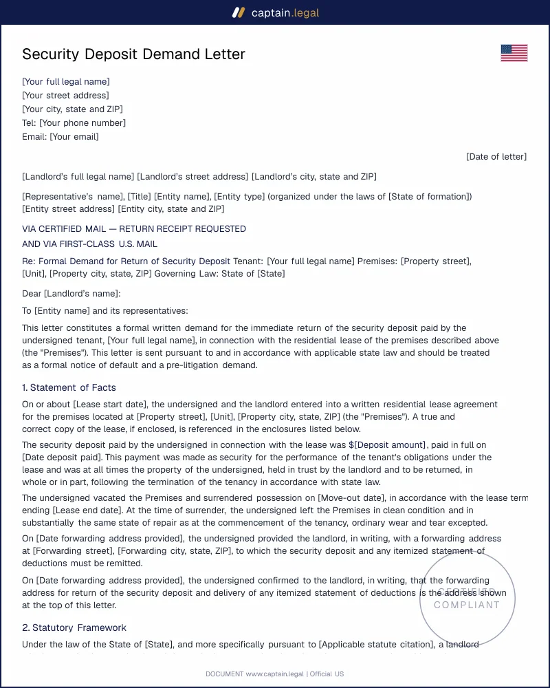 Security Deposit Demand Letter | Get Your Deposit Back (CA, TX, FL, NY)