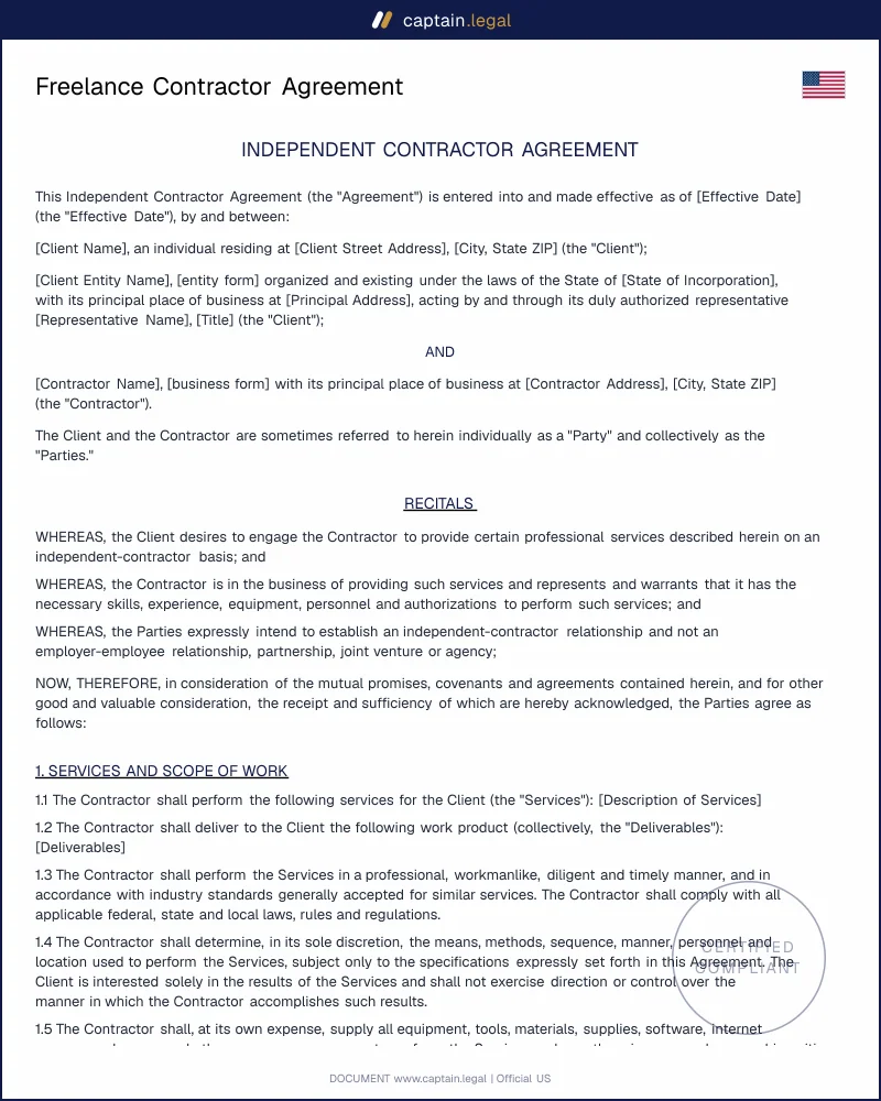 Freelance Contractor Agreement Template | 1099, IP, NDA Ready