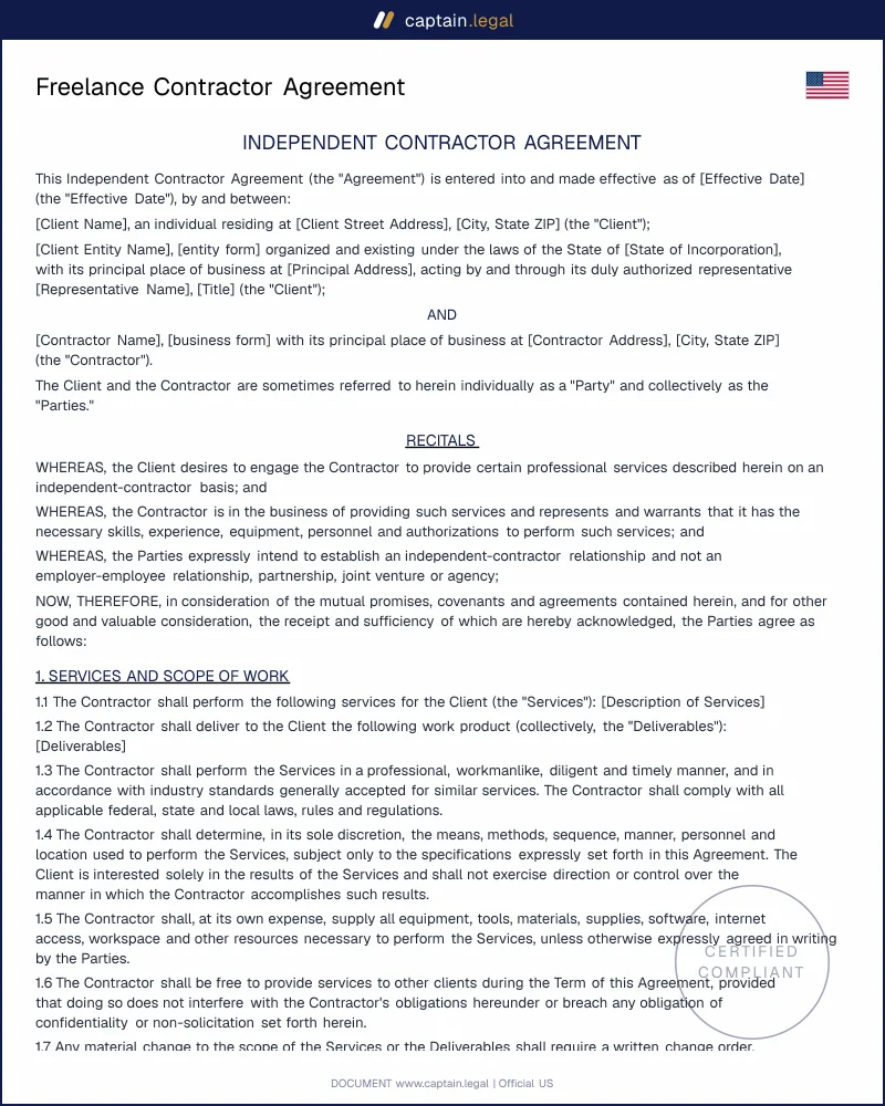 Freelance Contractor Agreement Template | 1099, IP, NDA Ready