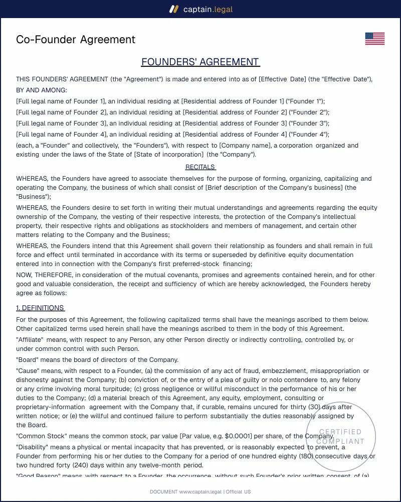 Co-Founder Agreement Template — Equity, Vesting, IP (US)
