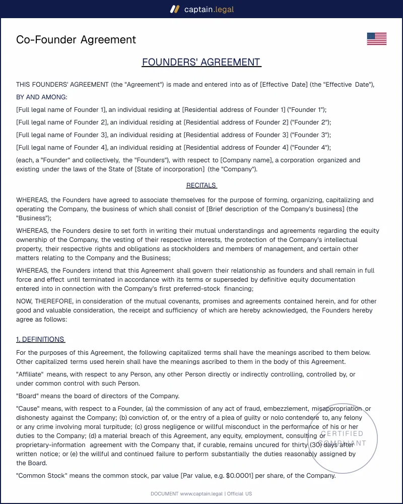 Co-Founder Agreement Template — Equity, Vesting, IP (US)