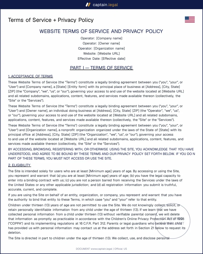 Website Terms of Service & Privacy Policy Bundle — US 2026