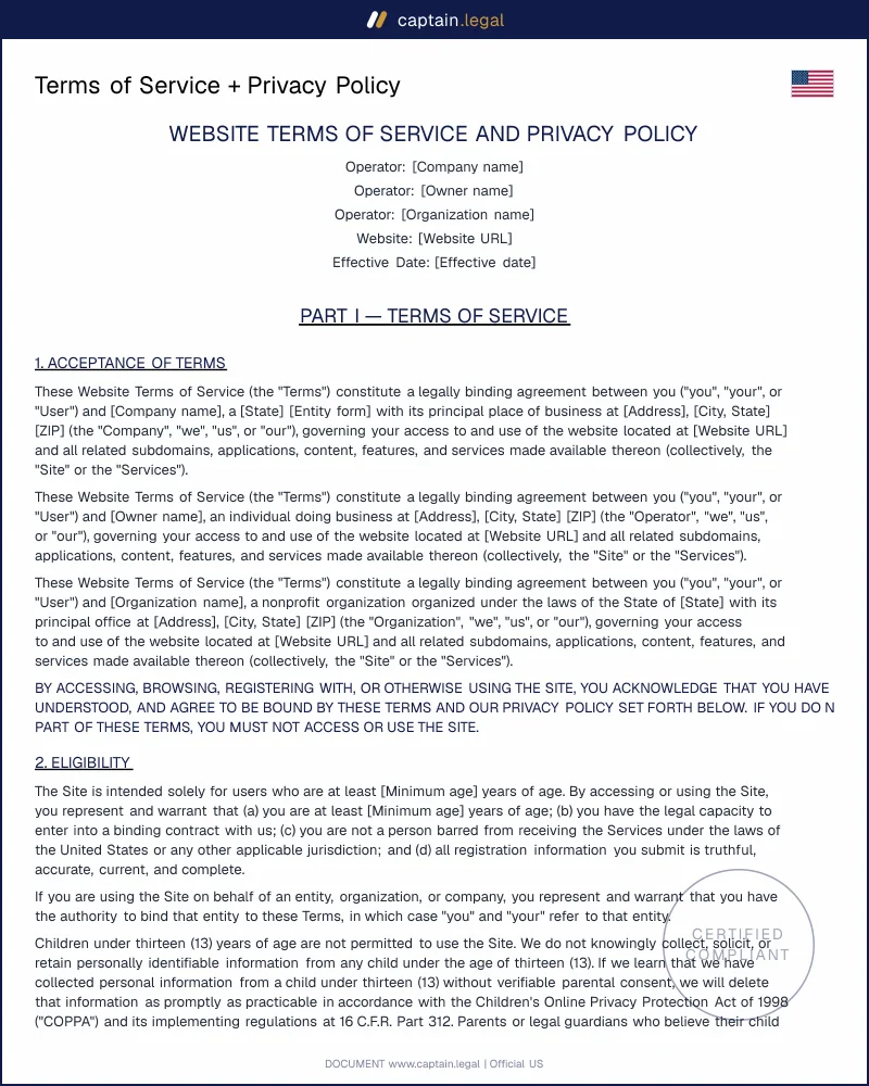 Website Terms of Service & Privacy Policy Bundle — US 2026