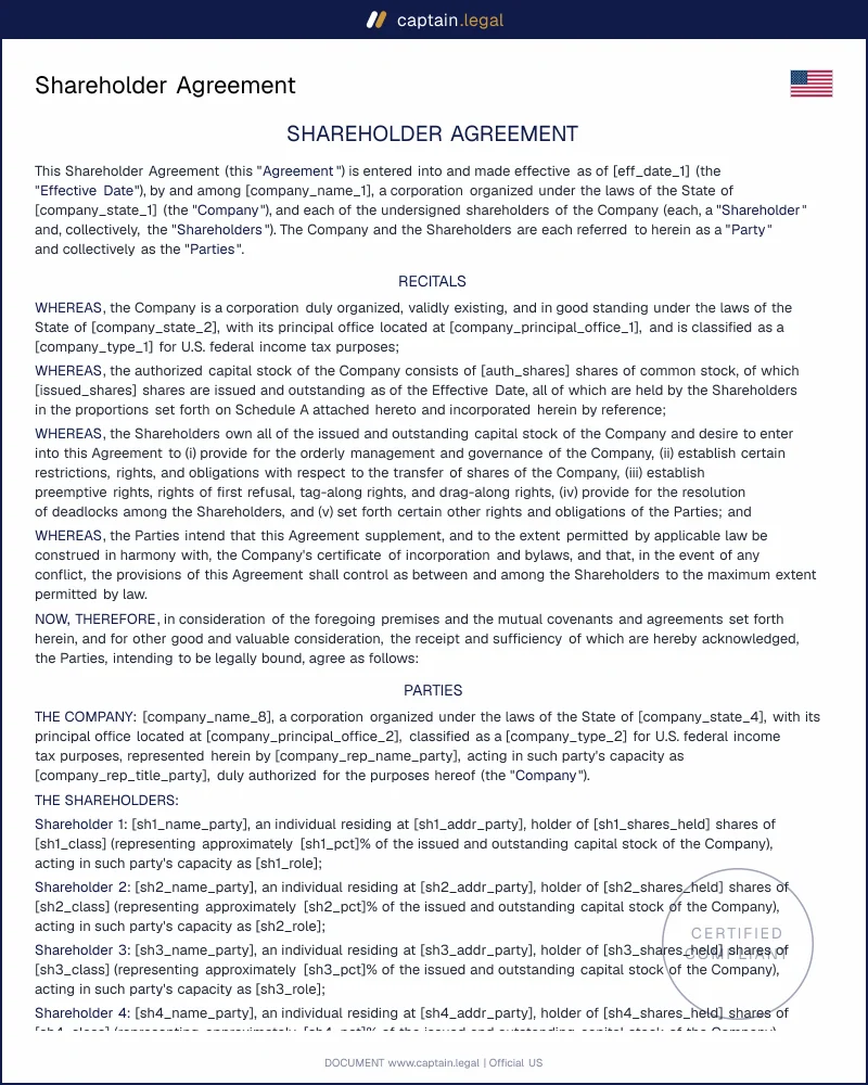 Shareholder Agreement (Stockholders' Agreement) — All 50 States