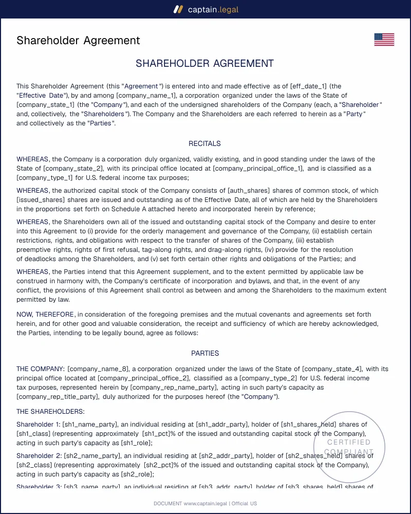Shareholder Agreement (Stockholders' Agreement) — All 50 States