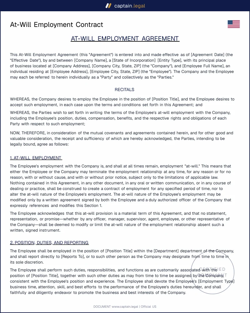 At-Will Employment Contract for US Employers | Lawyer-Drafted Template